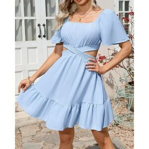 Women's Summer Dress Casual Square Neck Short Sleeve Crossover Waist Preppy Mini